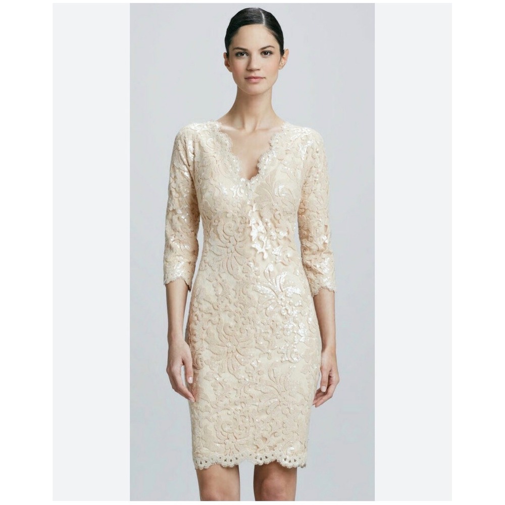 Tadashi Shoji Sequin Lace Sheath Dress Women 6 Champagne Wedding Guest Cocktail